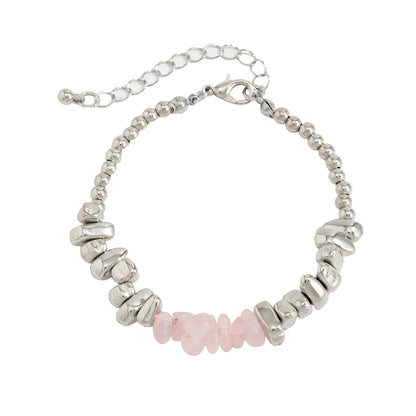 Pink Resin and Silvertone Irregular Beads Link Bracelet, silver bracelet for women, vintage-inspired design, front view