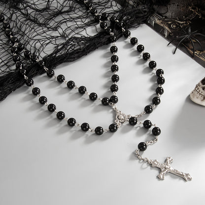 Black Acrylic and Silvertone Cross Pendant Layered Necklace, everyday style, detail close-up