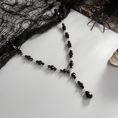 Black Acrylic and Silvertone Y-Necklace, elegant gift for her, detail close-up