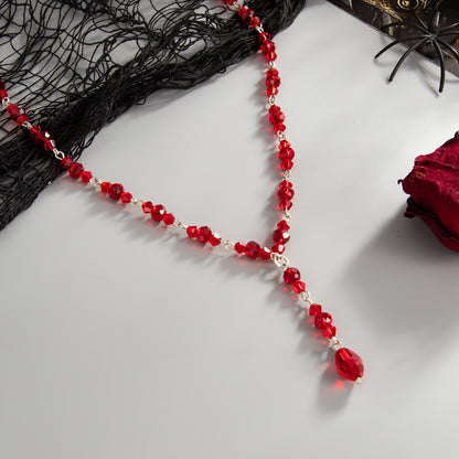 Red Acrylic and Silvertone Y-Necklace, dainty minimalist design, detail close-up
