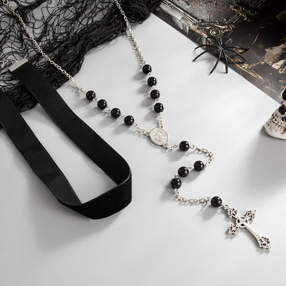 Black Resin and Polyster Silvertone Beads Chain Cross Drop Necklace Set, silver pendant necklace for women, side view