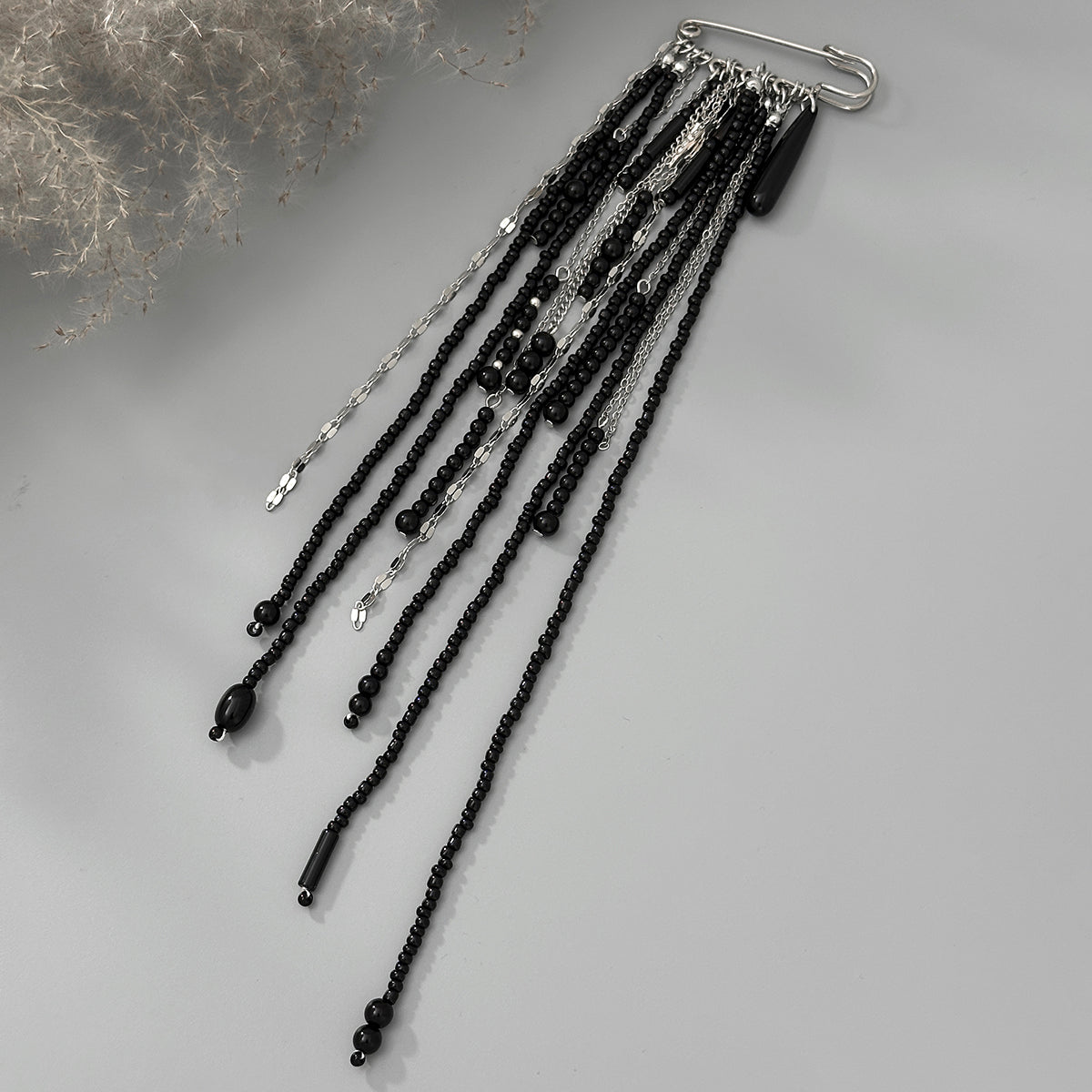 Black Crystal and Acrylic Silvertone Drop Tassel Pin Brooch, botanical inspired, detail close-up