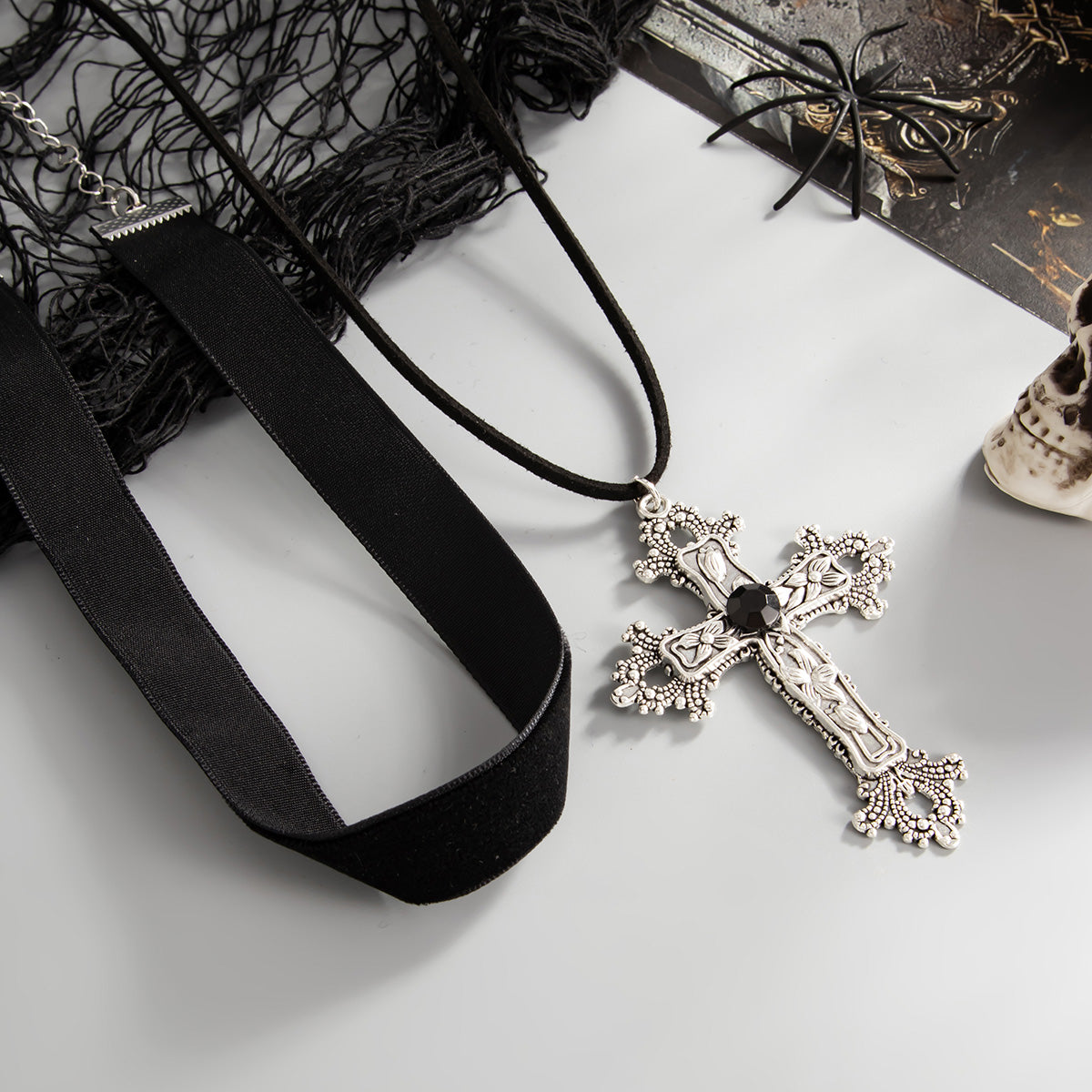 Black Cubic Zirconia and Polyster Silvertone Cross Pendant Necklace Set, silver pendant necklace for women, detail close-up