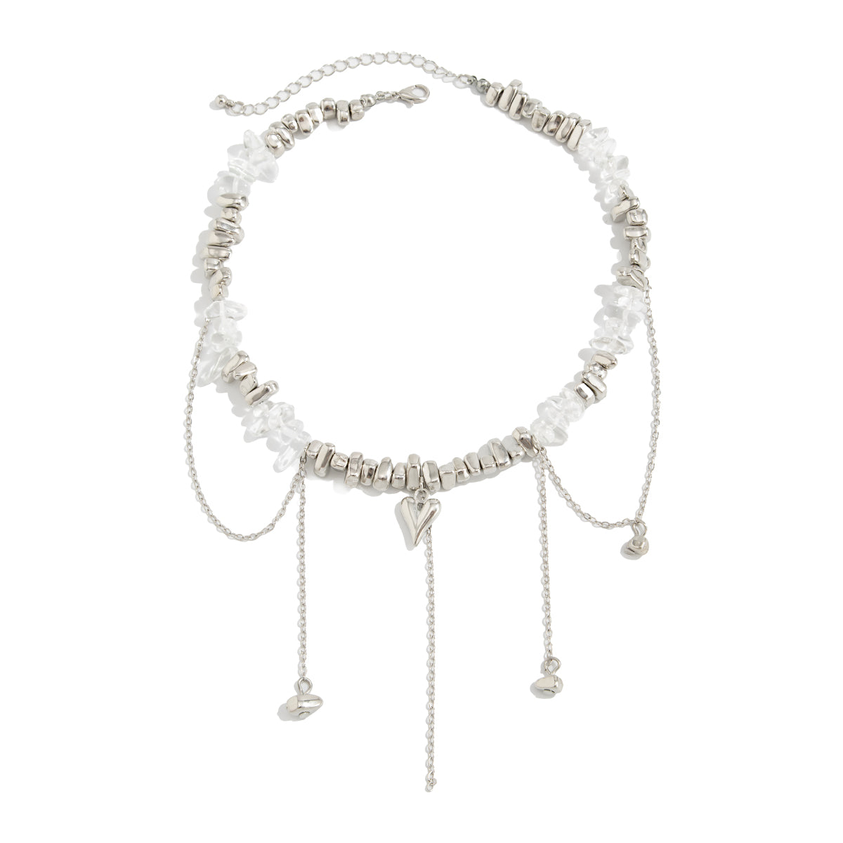 Clear Resin and Silvertone Heart Tassel Necklace, everyday style, front view