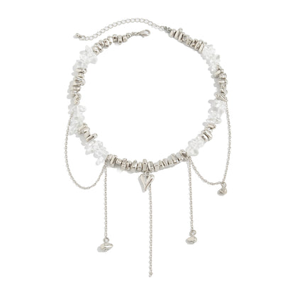 Clear Resin and Silvertone Heart Tassel Necklace, everyday style, front view