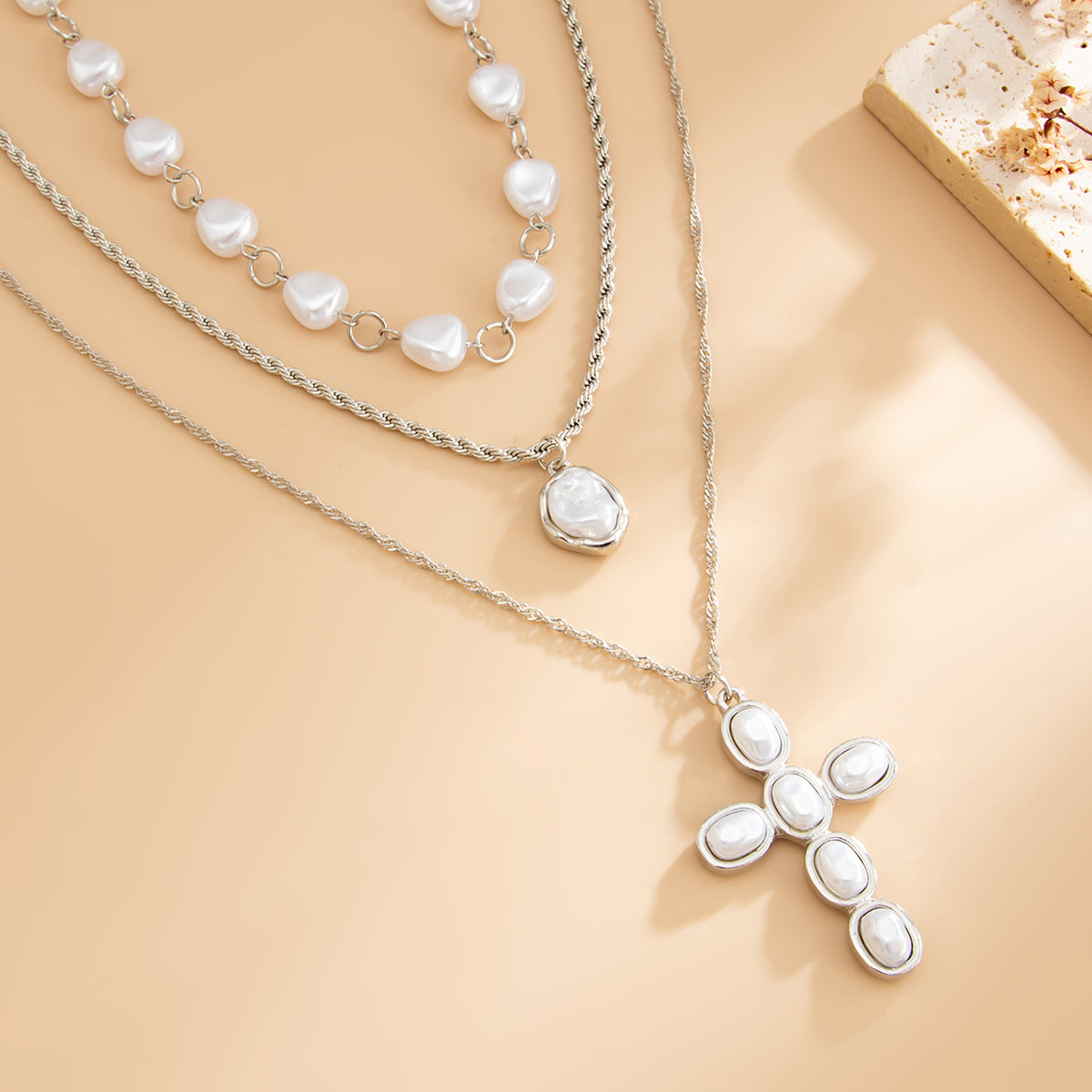 Baroque Pearl and Silvertone Ripple Chain Cross Pendant Necklace Set, silver pendant necklace for women, side view