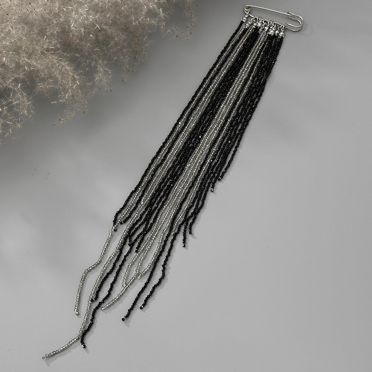 Black and White Acrylic Silvertone Tassel Pin Brooch, everyday style, detail close-up