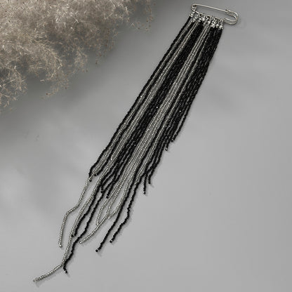 Black and White Acrylic Silvertone Tassel Pin Brooch, everyday style, detail close-up