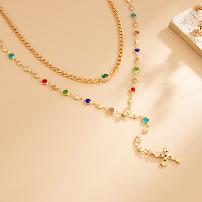 Multi-Colored Crystal and Goldtone Beads Chain Cross Drop Necklace Set, gold pendant necklace for women, side view