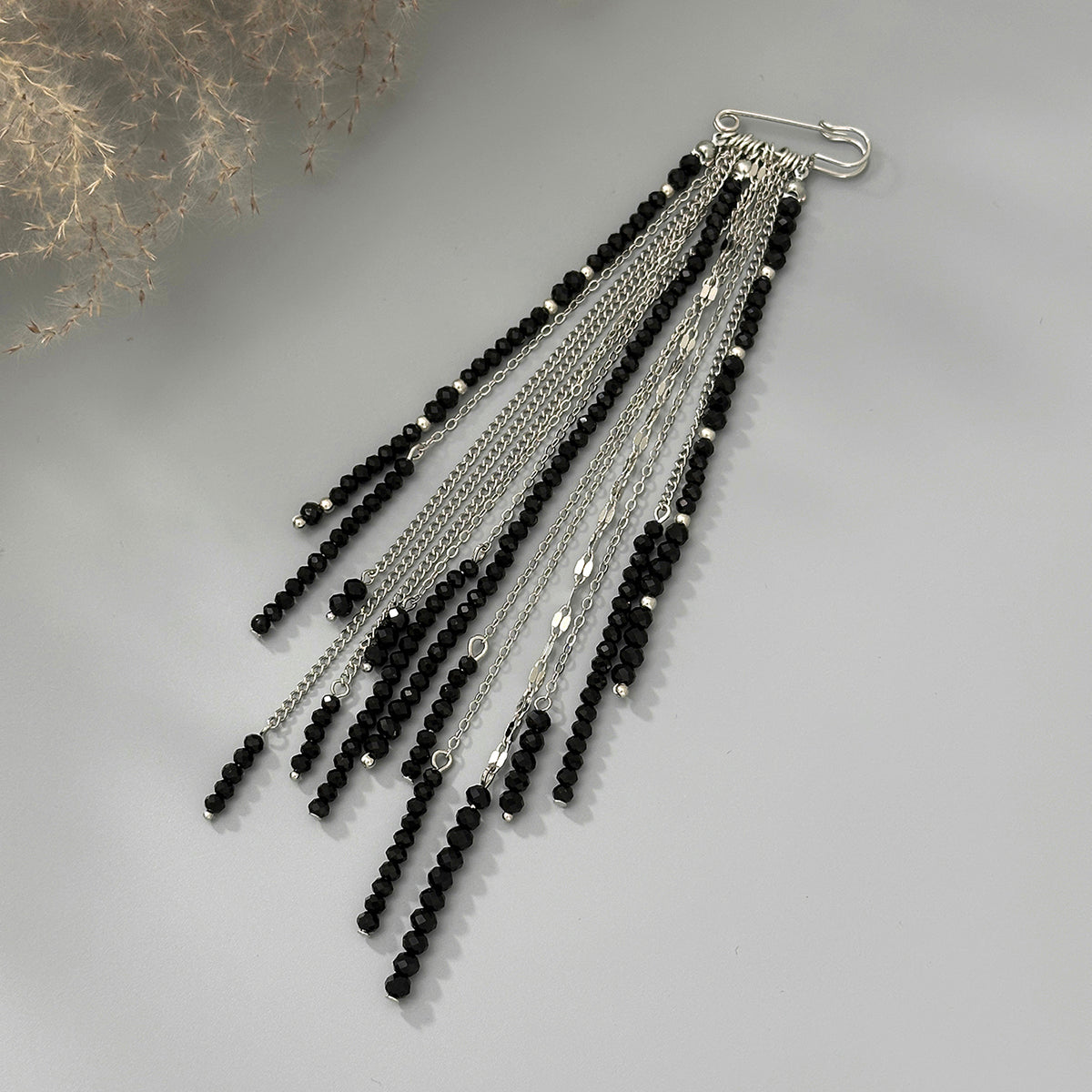 Black Acrylic and Silvertone Tassel Pin Brooch, dainty minimalist design, detail close-up