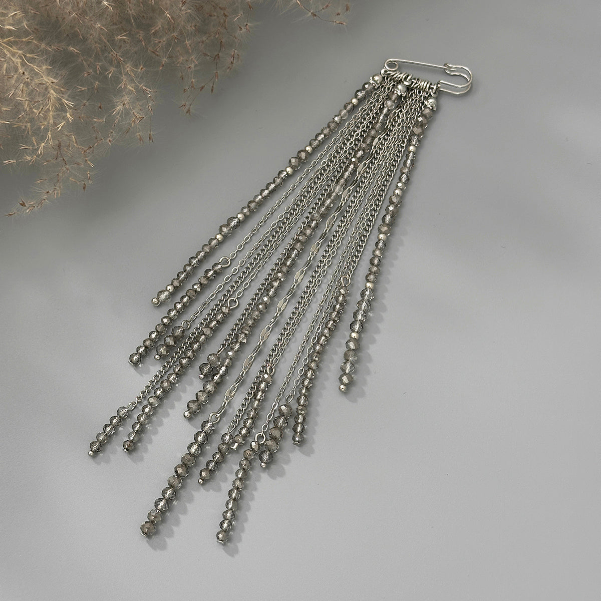 Gray Acrylic and Silvertone Tassel Pin Brooch, vintage-inspired design, detail close-up
