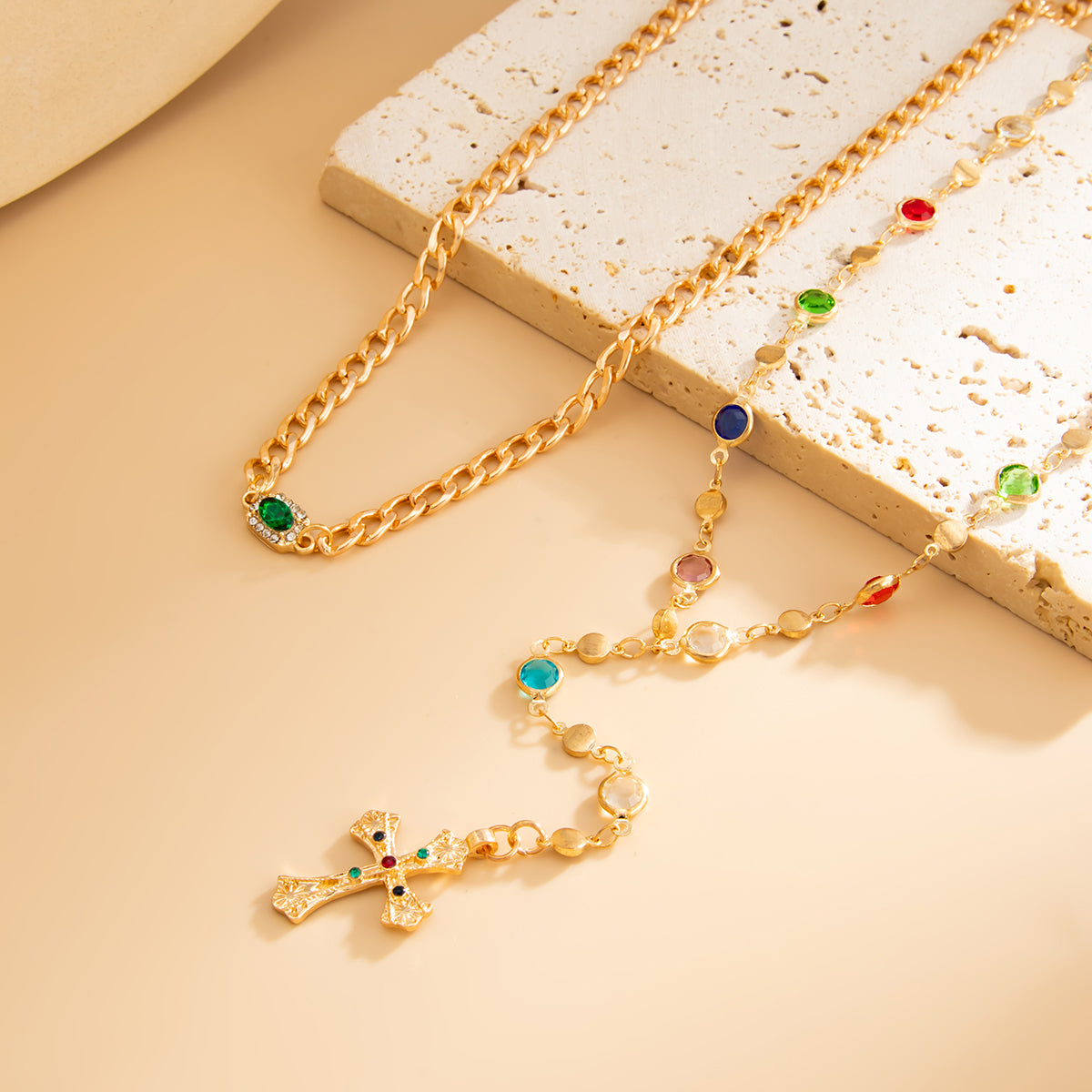 Multi-Colored Crystal and Goldtone Beads Chain Cross Drop Necklace Set, gold pendant necklace for women, detail close-up