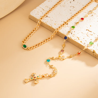 Multi-Colored Crystal and Goldtone Beads Chain Cross Drop Necklace Set, gold pendant necklace for women, detail close-up