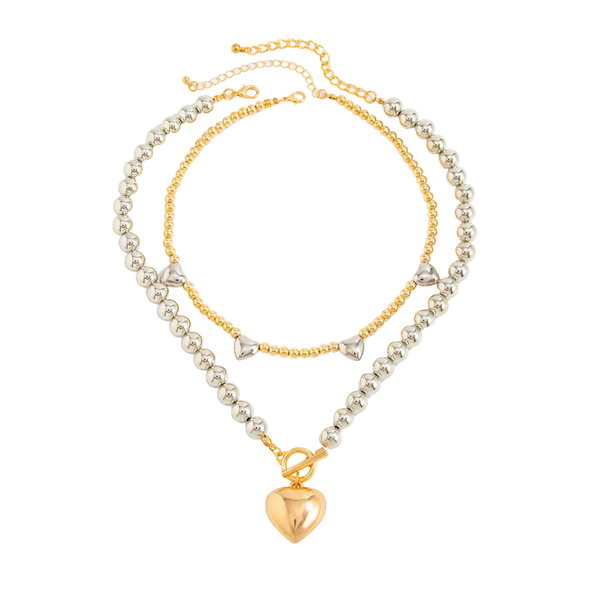Two Tone Beads Chain Heart Pendant Necklace Set, pendant necklace for women, elegant gift for her, front view