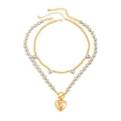 Two Tone Beads Chain Heart Pendant Necklace Set, pendant necklace for women, elegant gift for her, front view
