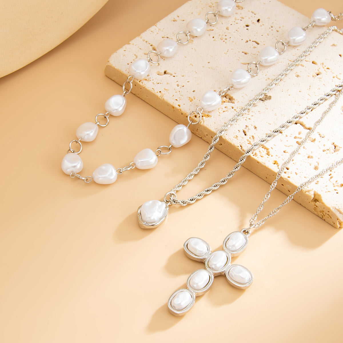 Baroque Pearl and Silvertone Ripple Chain Cross Pendant Necklace Set, silver pendant necklace for women, detail close-up