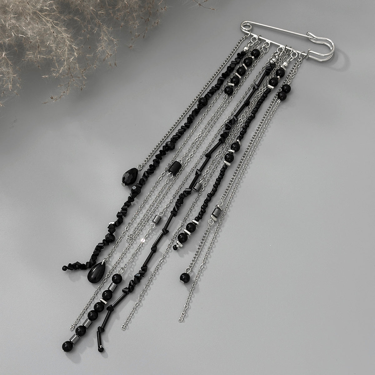 Black Crystal and Acrylic Silvertone Tassel Pin Brooch, dainty minimalist design, detail close-up