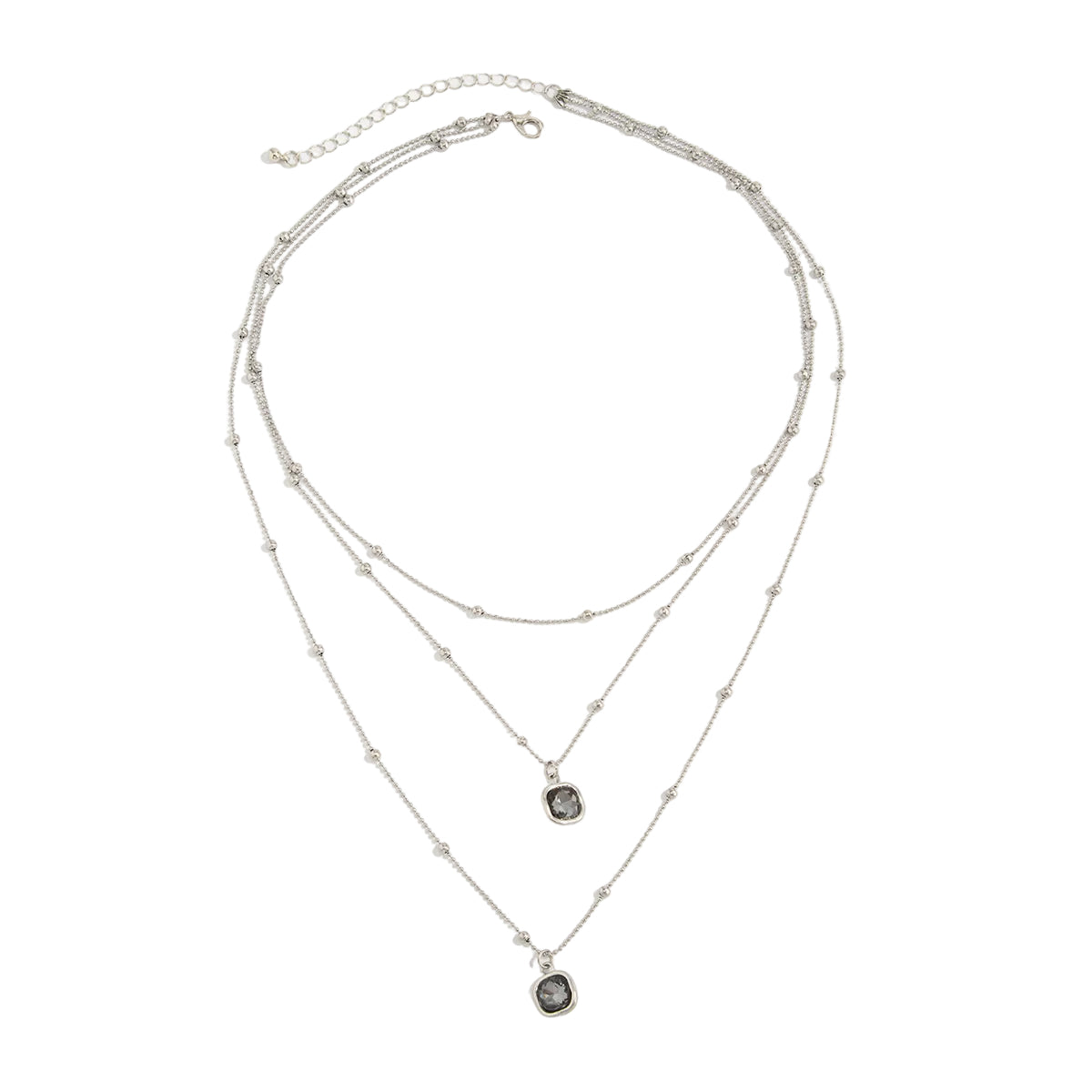 Crystal and Silvertone Beaded Chain Pendant Layered Necklace, dainty minimalist design, front view