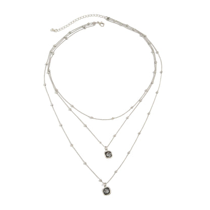 Crystal and Silvertone Beaded Chain Pendant Layered Necklace, dainty minimalist design, front view