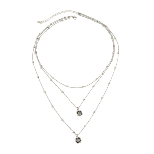 Crystal and Silvertone Beaded Chain Pendant Layered Necklace, dainty minimalist design, front view