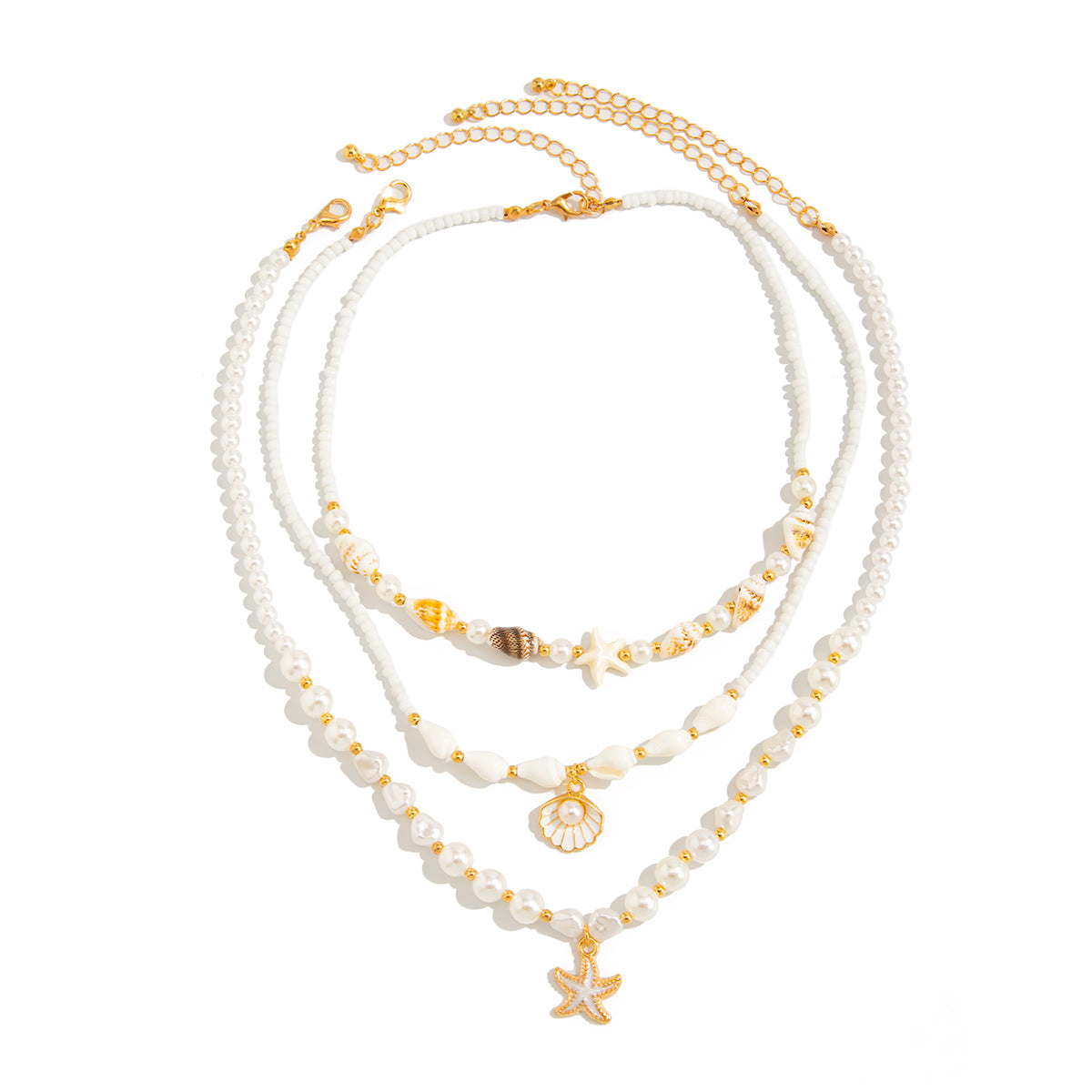 Shell and Pearl Enamel Goldtone Starfish Pendant Necklace Set, gold pendant necklace for women, front view
