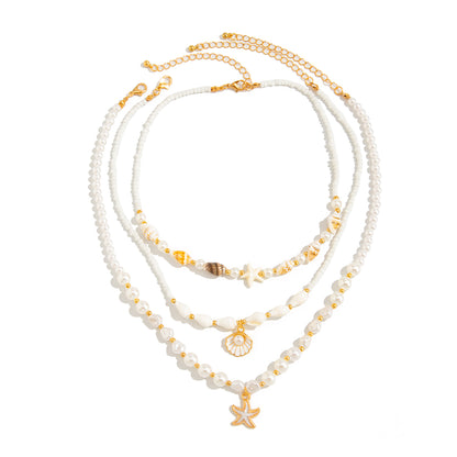 Shell and Pearl Enamel Goldtone Starfish Pendant Necklace Set, gold pendant necklace for women, front view