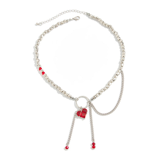 Red Crystal and Acrylic Silvertone Beaded Chain Heart Tassel Necklace, vintage-inspired design, front view