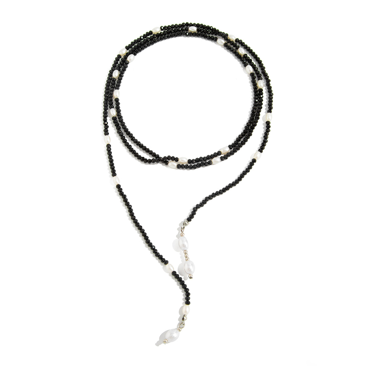 Black Acrylic and Pearl Silvertone Beaded Chain Necklace, vintage-inspired design, front view