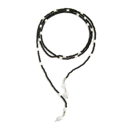 Black Acrylic and Pearl Silvertone Beaded Chain Necklace, vintage-inspired design, front view
