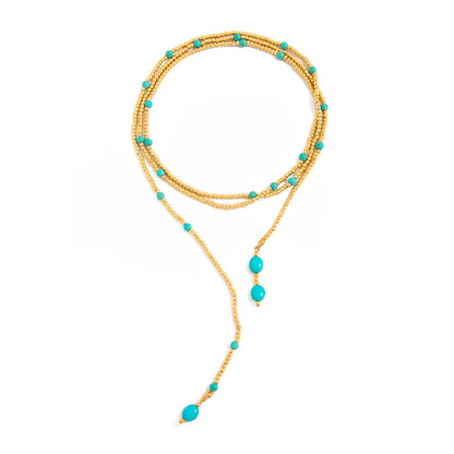 Turqouise and Goldtone Beaded Chain Necklace, elegant gift for her, front view