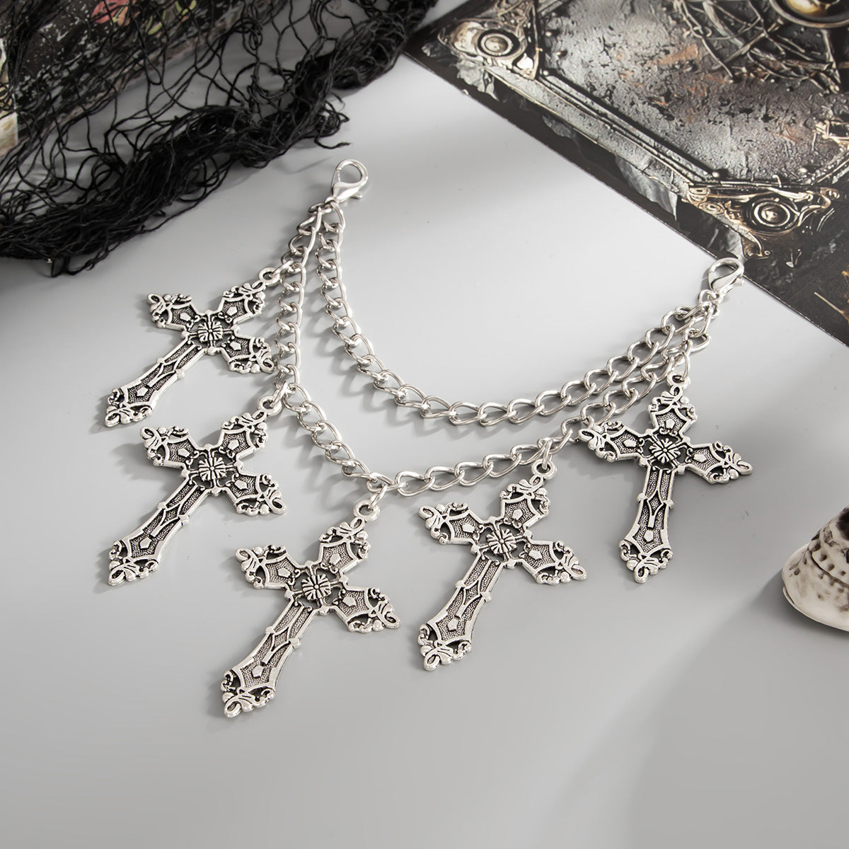 Silvertone Cross Charm Layered Anklet, silver anklet bracelet, botanical inspired, side view