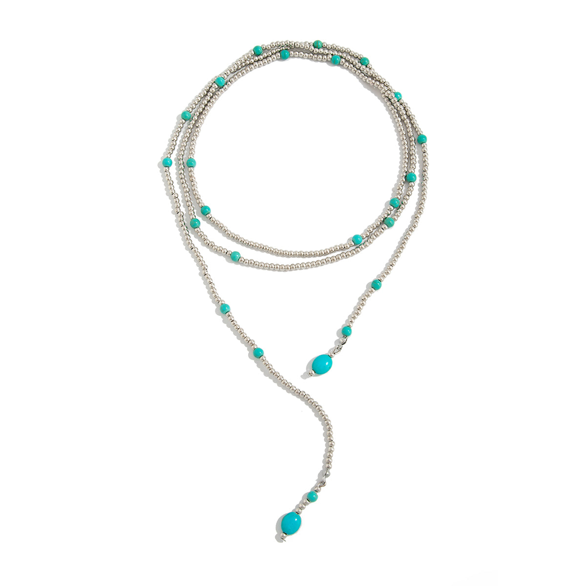 Turqouise and Silvertone Beaded Chain Necklace, dainty minimalist design, front view