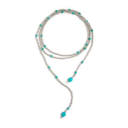 Turqouise and Silvertone Beaded Chain Necklace, dainty minimalist design, front view