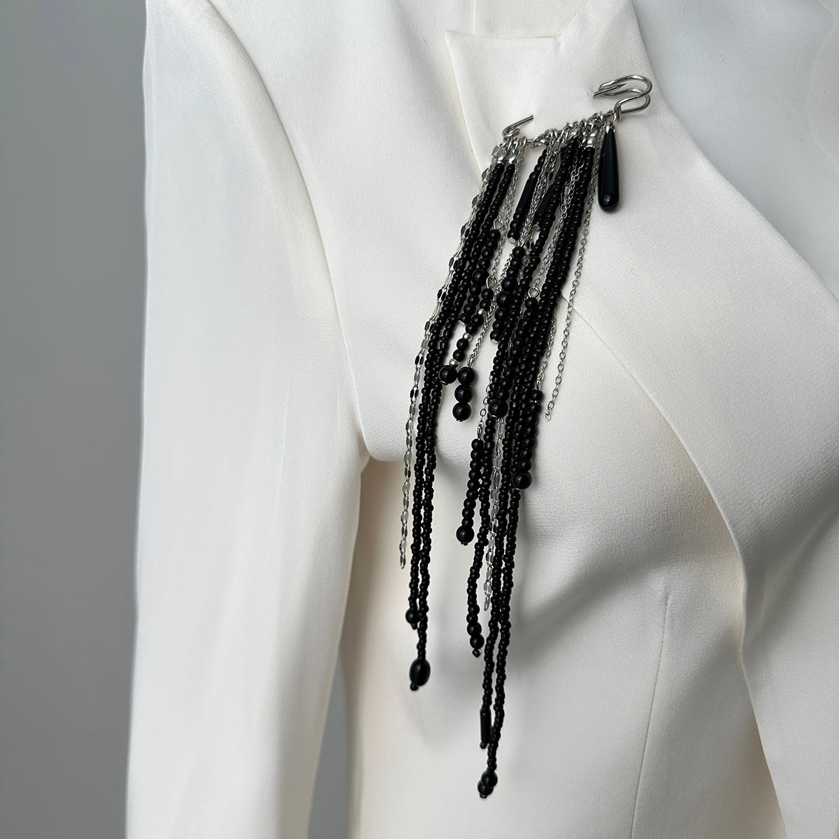 Black Crystal and Acrylic Silvertone Drop Tassel Pin Brooch, botanical inspired, lifestyle look