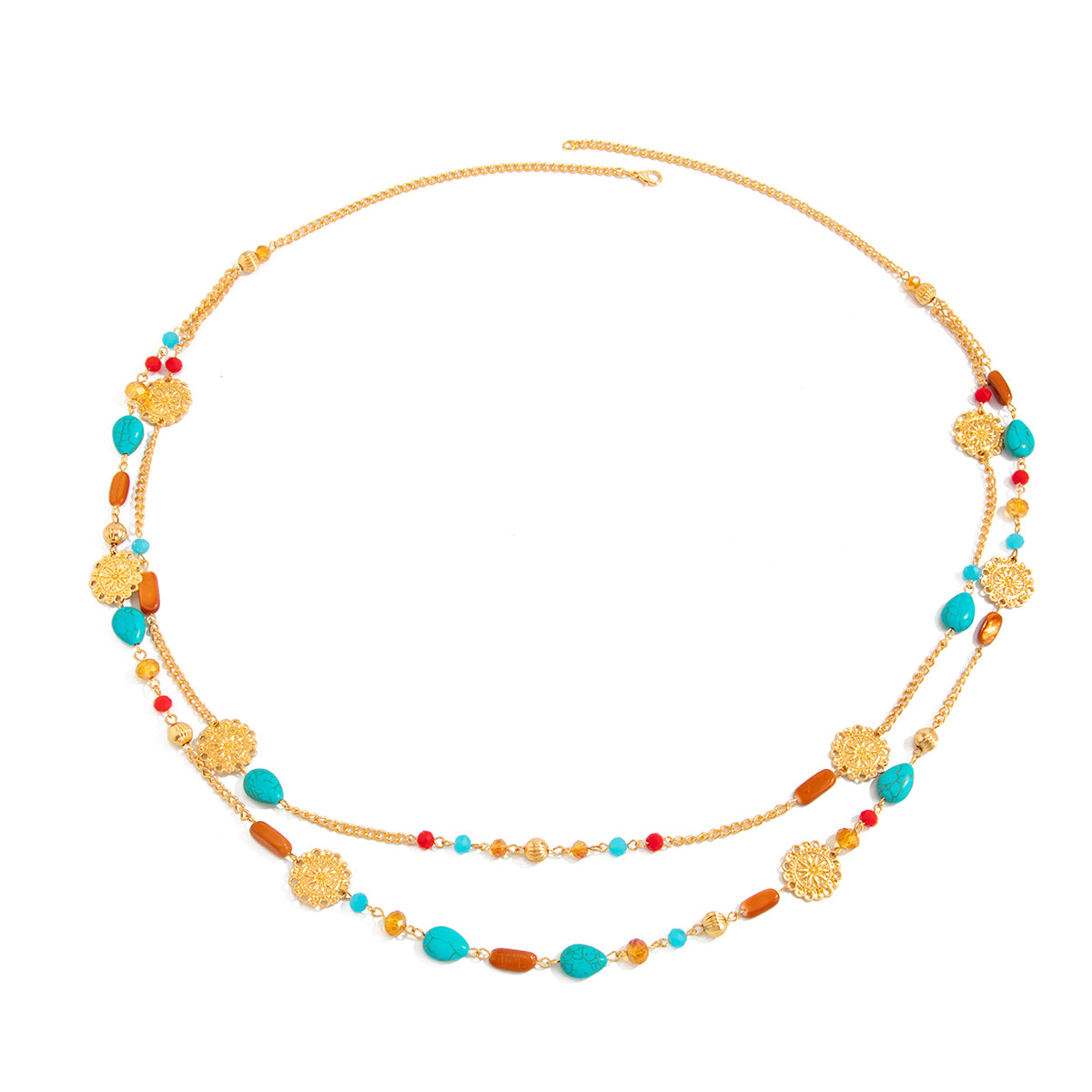 Resin and Turqouise Acrylic Goldtone Flower Plate Layered Necklace, vintage-inspired design, front view