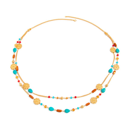 Resin and Turqouise Acrylic Goldtone Flower Plate Layered Necklace, vintage-inspired design, front view