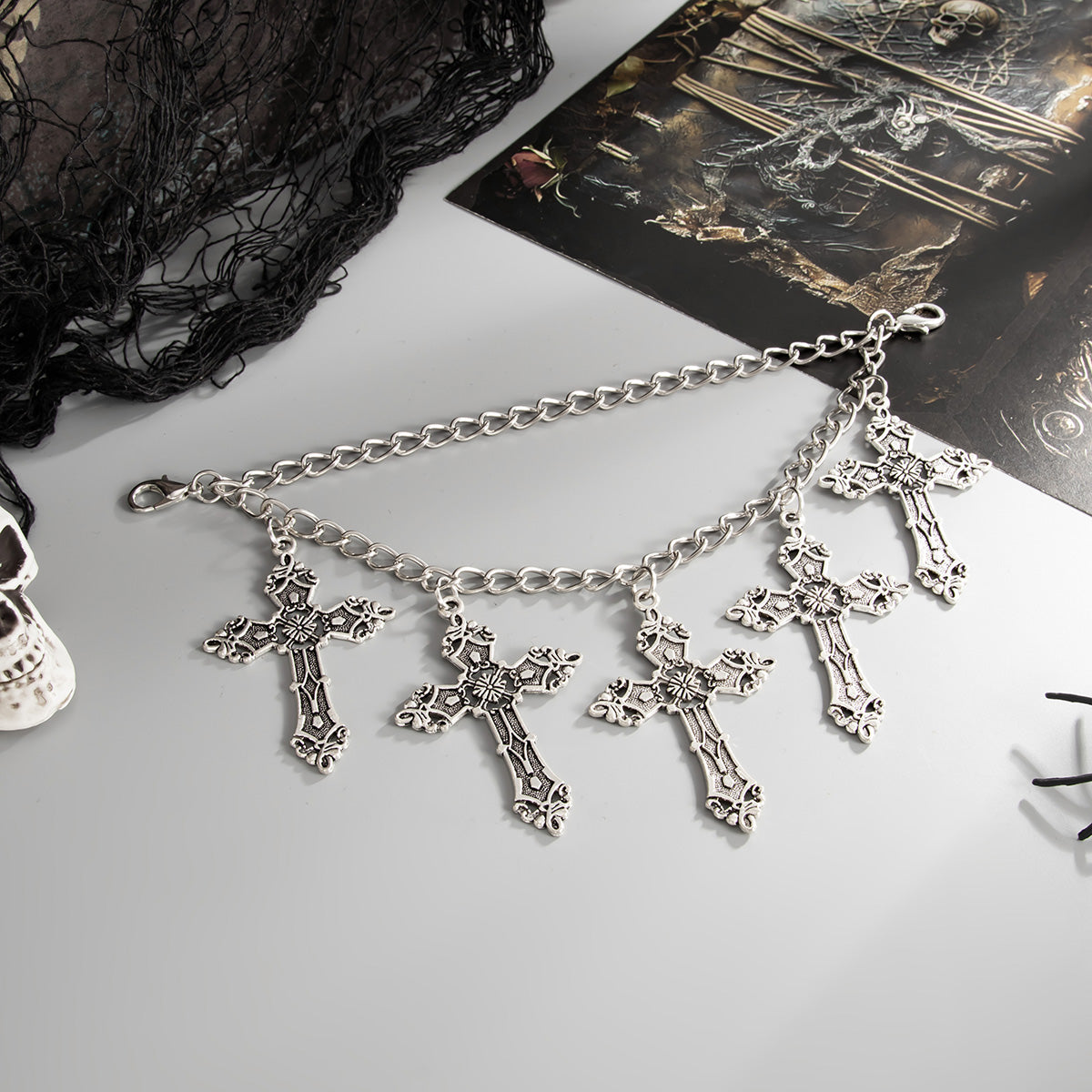 Silvertone Cross Charm Layered Anklet, silver anklet bracelet, botanical inspired, detail close-up