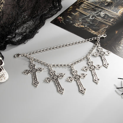 Silvertone Cross Charm Layered Anklet, silver anklet bracelet, botanical inspired, detail close-up