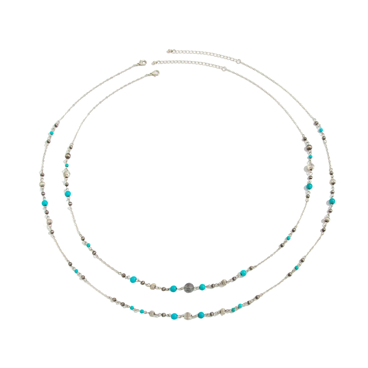 Turqouise and Silvertone Pumpkin Beads Chain Long Necklace Set, silver pendant necklace for women, front view