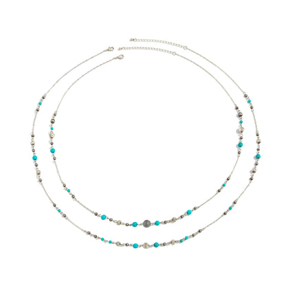 Turqouise and Silvertone Pumpkin Beads Chain Long Necklace Set, silver pendant necklace for women, front view