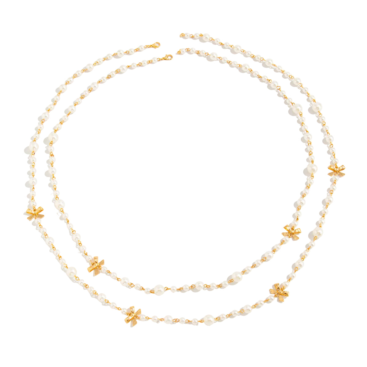 Pearl and Goldtone Bow Station Long Necklace Set, gold pendant necklace for women, dainty minimalist design, front view