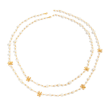 Pearl and Goldtone Bow Station Long Necklace Set, gold pendant necklace for women, dainty minimalist design, front view