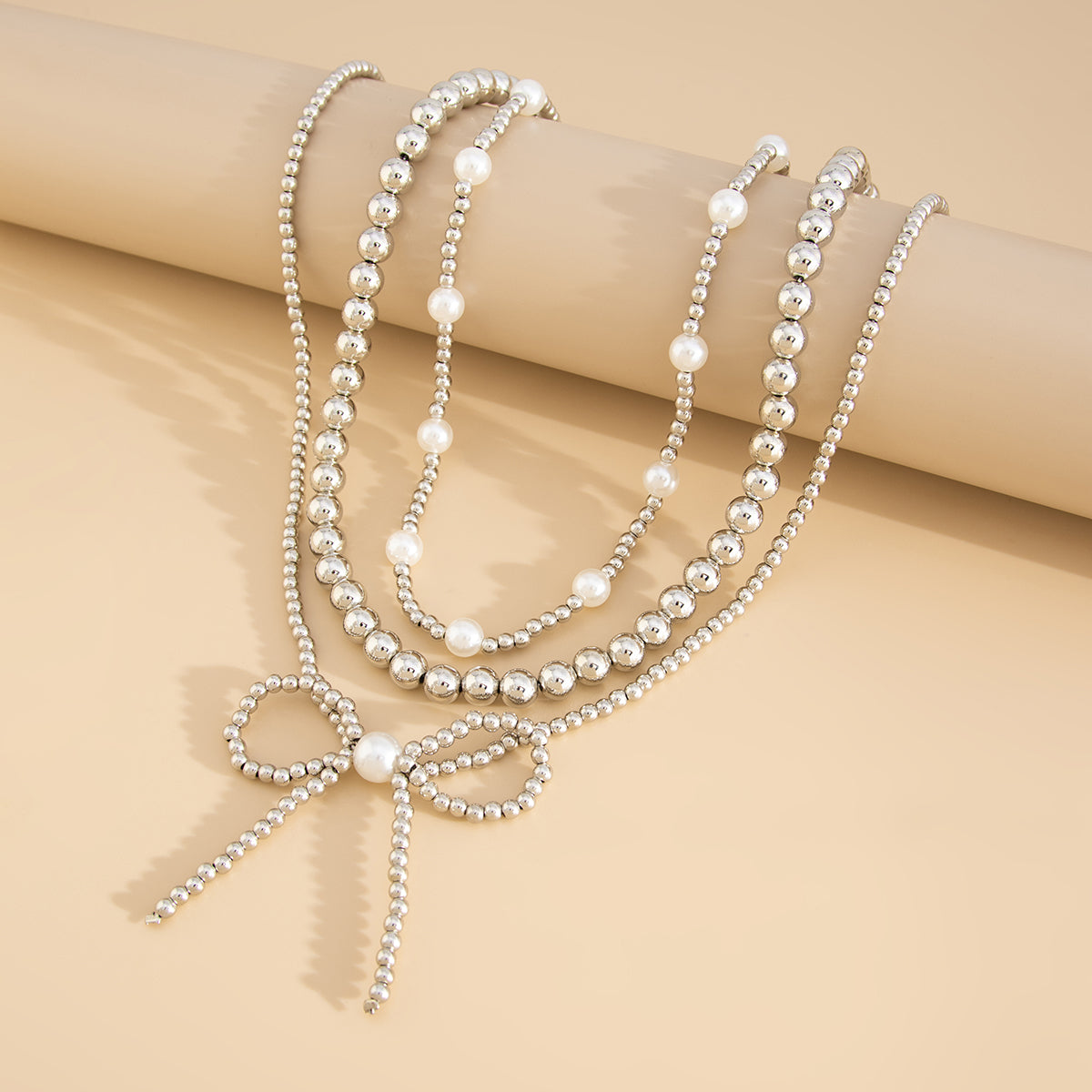 Pearl and Silvertone Beads Chain Bow Pendant Necklace Set, silver pendant necklace for women, detail close-up