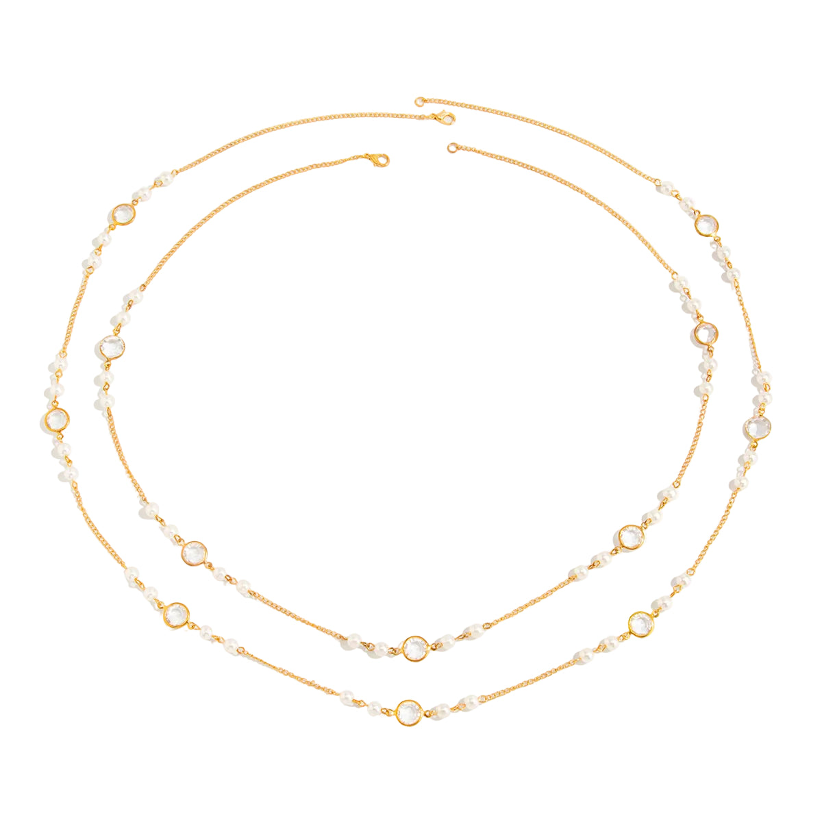 Pearl and Clear Crystal Goldtone Beads Chain Long Necklace Set, gold pendant necklace for women, everyday style, front view
