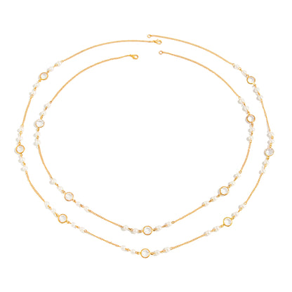 Pearl and Clear Crystal Goldtone Beads Chain Long Necklace Set, gold pendant necklace for women, everyday style, front view