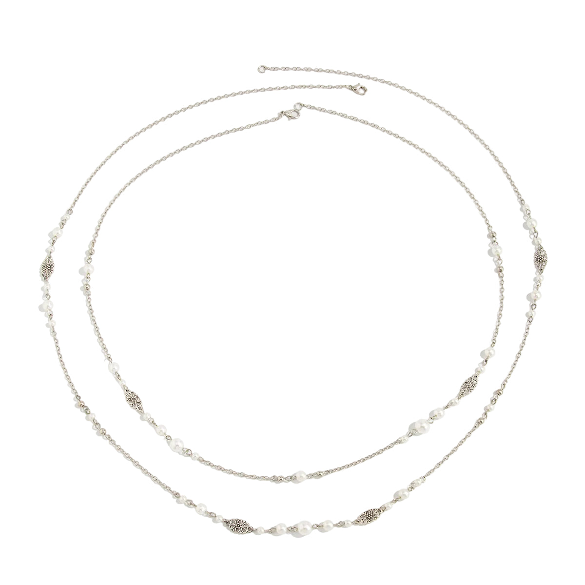 Pearl and Silvertone Butterfly Station Long Necklace Set, silver pendant necklace for women, front view
