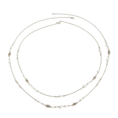 Pearl and Silvertone Butterfly Station Long Necklace Set, silver pendant necklace for women, front view
