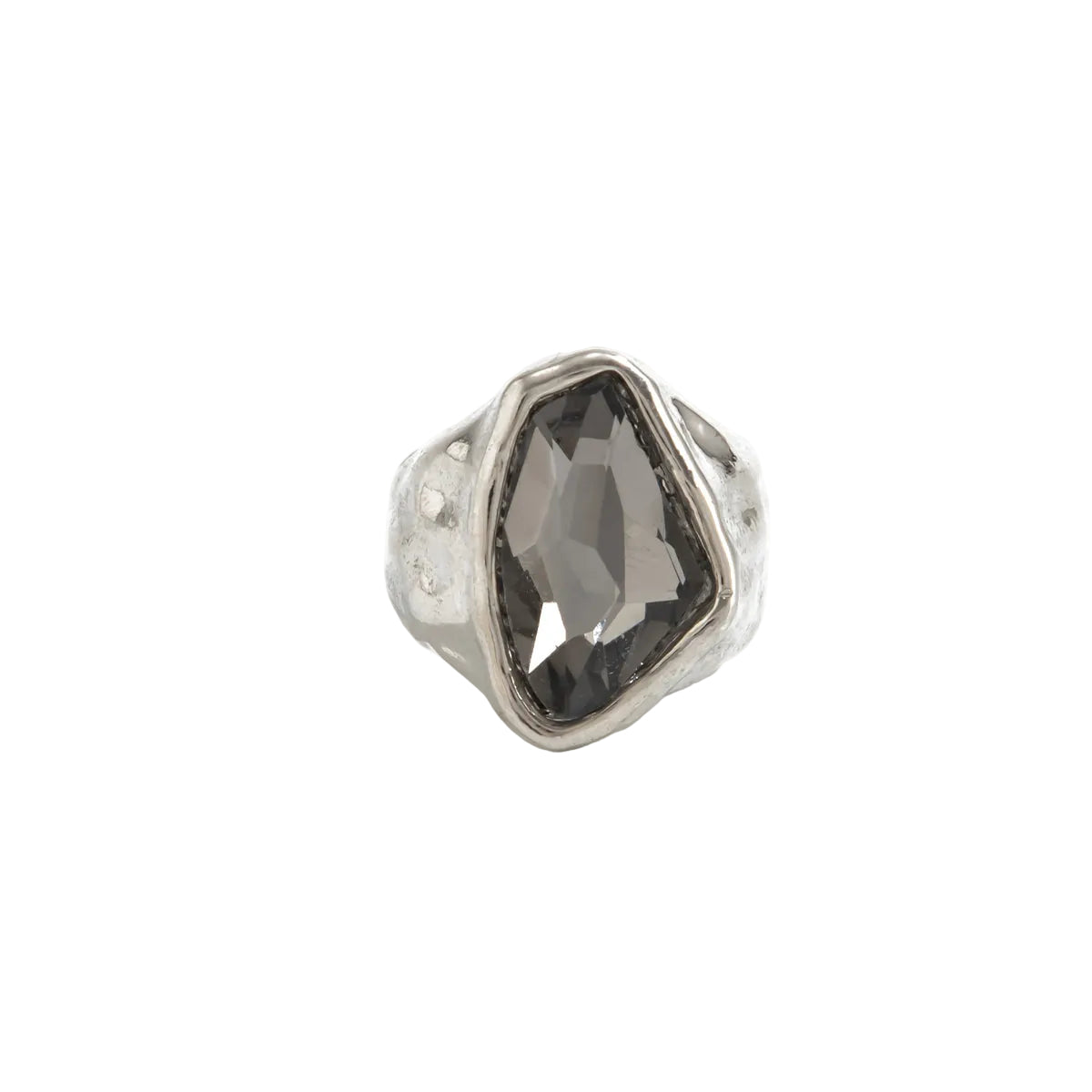 Gray Crystal and Silvertone Irregular Shape Open Ring, everyday style, front view