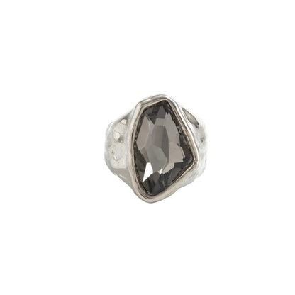 Gray Crystal and Silvertone Irregular Shape Open Ring, everyday style, front view