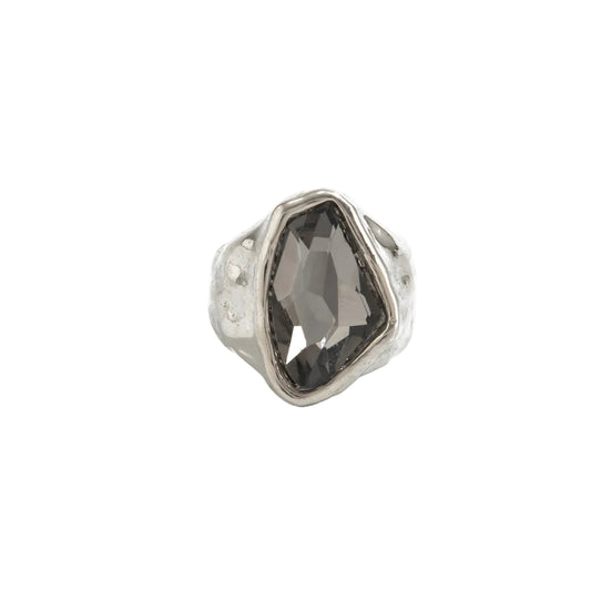 Gray Crystal and Silvertone Irregular Shape Open Ring, everyday style, front view